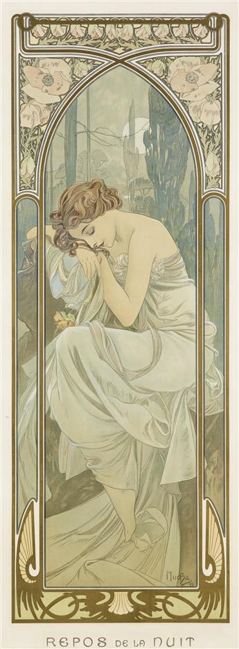 ALPHONSE MUCHA (1860-1939). [TIMES OF THE DAY.] Group of four decorative panels. 1899. Each 42x15 inches, 108x39 cm. [F. Champenois, Pa